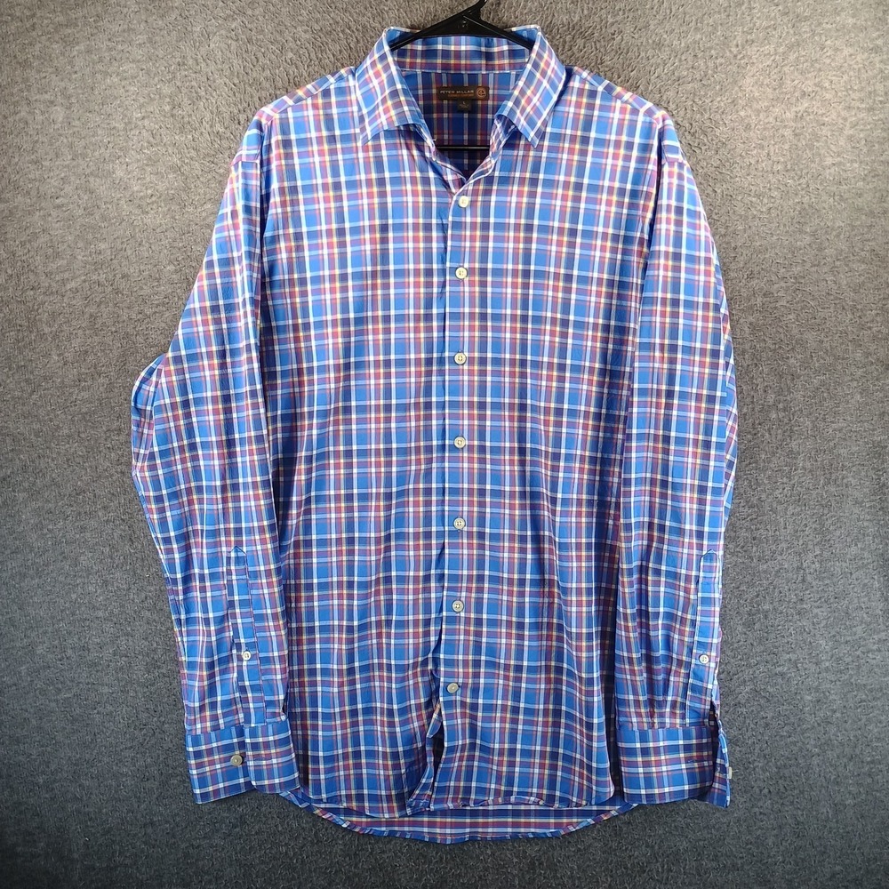 Peter Millar Summer Comfort Button Up Dress Shirt Mens L Plaid Blue Yellow Red